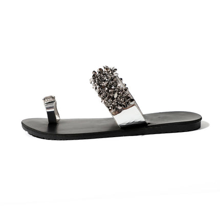 Flat Bottom Pin Rhinestone Sequins Sandals, Shoe Size:36(Silver)-garmade.com