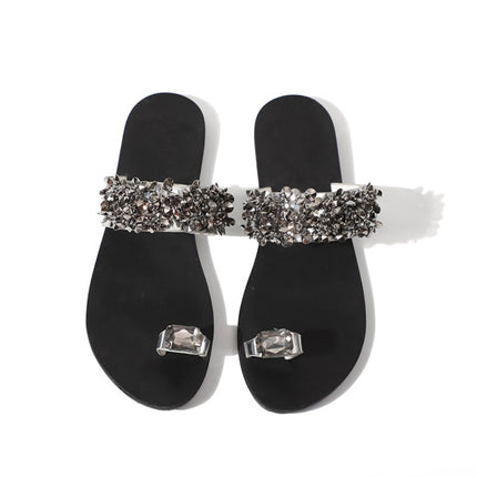 Flat Bottom Pin Rhinestone Sequins Sandals, Shoe Size:36(Black)-garmade.com