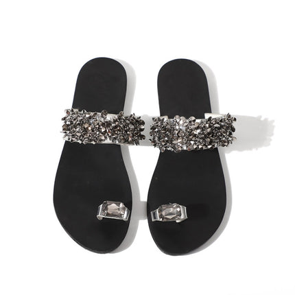 Flat Bottom Pin Rhinestone Sequins Sandals, Shoe Size:39(Black)-garmade.com