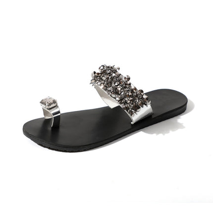 Flat Bottom Pin Rhinestone Sequins Sandals, Shoe Size:40(Silver)-garmade.com