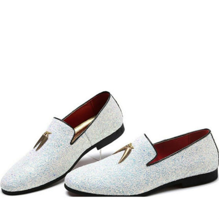 Men Pointed Toe Solid Color Casual Shine Loafer, Size:37(White)-garmade.com