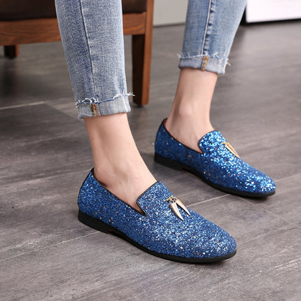 Men Pointed Toe Solid Color Casual Shine Loafer, Size:37(Blue)-garmade.com