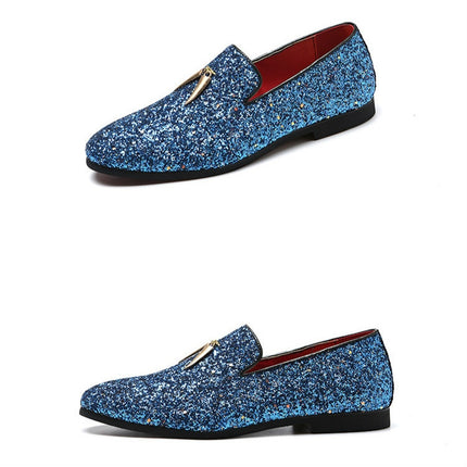 Men Pointed Toe Solid Color Casual Shine Loafer, Size:37(Blue)-garmade.com