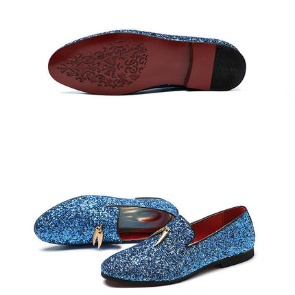 Men Pointed Toe Solid Color Casual Shine Loafer, Size:37(Blue)-garmade.com