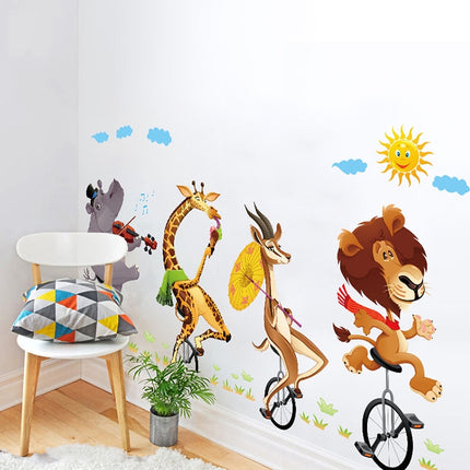 Cartoon Animal Bicyling Wall Sticker Lion Giraffe Sticker Children Room Bedroom Background Wall Ornament Stickers-garmade.com
