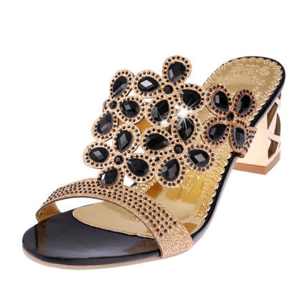 Fashion Thick Heel Rhinestone Fish Mouth Slippers, Size:38(Black)-garmade.com