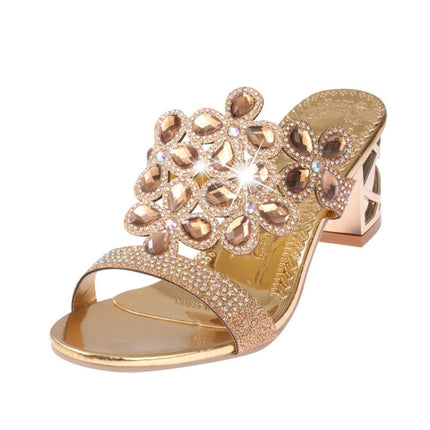 Fashion Thick Heel Rhinestone Fish Mouth Slippers, Size:38(Gold)-garmade.com