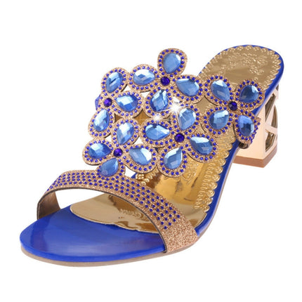 Fashion Thick Heel Rhinestone Fish Mouth Slippers, Size:38(Navy Blue)-garmade.com