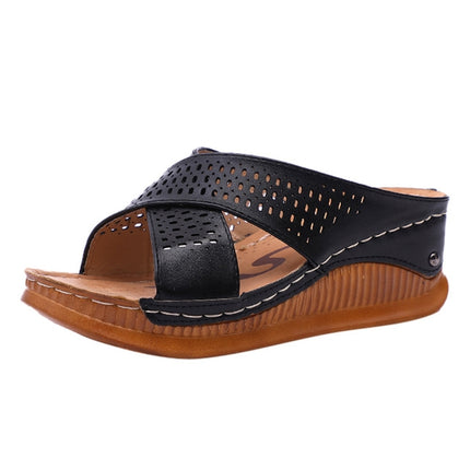 Thick-Bottomed Muffin Wedge Sandals, Shoe Size:35(Black)-garmade.com
