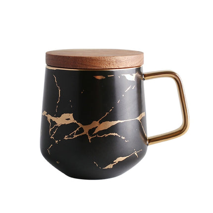 Marble Matte Gold Series Ceramic Tea Cup Coffee Mug With Wooden Lid Or Tray(Black with Lid)-garmade.com