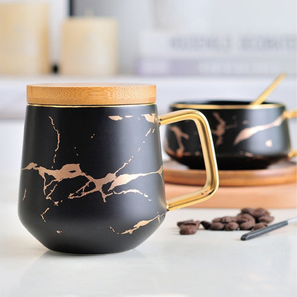 Marble Matte Gold Series Ceramic Tea Cup Coffee Mug With Wooden Lid Or Tray(Black with Lid)-garmade.com