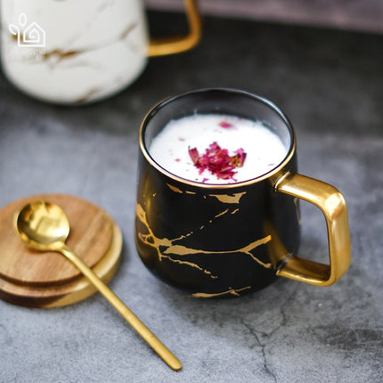 Marble Matte Gold Series Ceramic Tea Cup Coffee Mug With Wooden Lid Or Tray(Black with Lid)-garmade.com