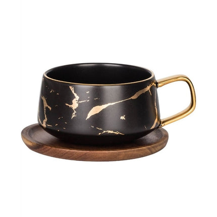Marble Matte Gold Series Ceramic Tea Cup Coffee Mug With Wooden Lid Or Tray(Black with Tray)-garmade.com