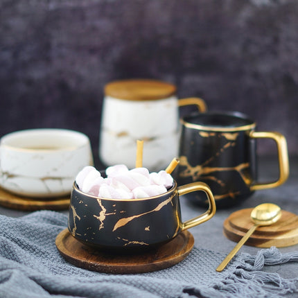 Marble Matte Gold Series Ceramic Tea Cup Coffee Mug With Wooden Lid Or Tray(Black with Tray)-garmade.com