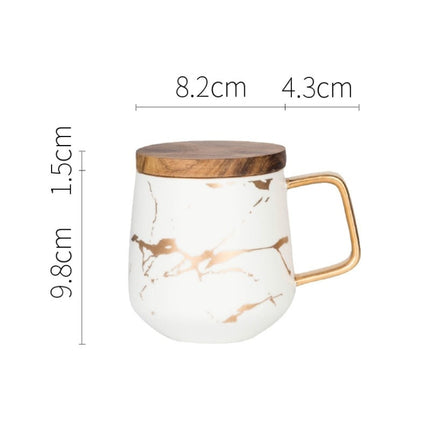 Marble Matte Gold Series Ceramic Tea Cup Coffee Mug With Wooden Lid Or Tray(White with Lid)-garmade.com