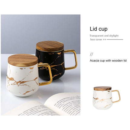 Marble Matte Gold Series Ceramic Tea Cup Coffee Mug With Wooden Lid Or Tray(White with Lid)-garmade.com