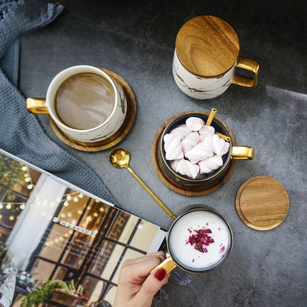 Marble Matte Gold Series Ceramic Tea Cup Coffee Mug With Wooden Lid Or Tray(White with Lid)-garmade.com