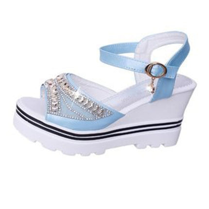 Word Buckle With Rhinestone Platform Sponge Sandals, Shoe Size:35(Sky Blue )-garmade.com