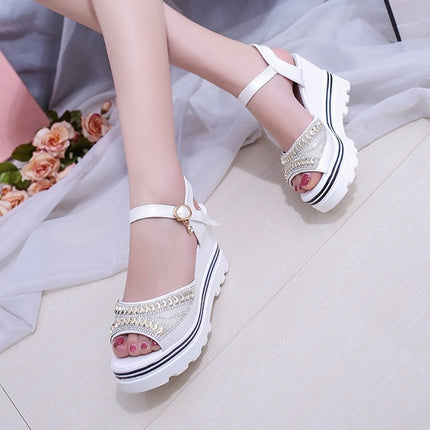 Word Buckle With Rhinestone Platform Sponge Sandals, Shoe Size:35(Sky Blue )-garmade.com