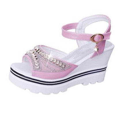 Word Buckle With Rhinestone Platform Sponge Sandals, Shoe Size:35(Pink)-garmade.com