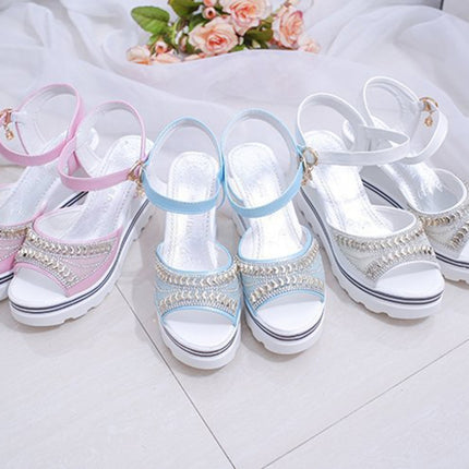 Word Buckle With Rhinestone Platform Sponge Sandals, Shoe Size:35(Pink)-garmade.com