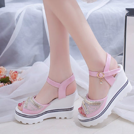 Word Buckle With Rhinestone Platform Sponge Sandals, Shoe Size:35(White)-garmade.com