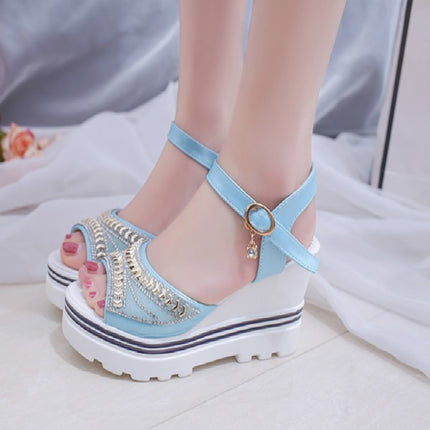 Word Buckle With Rhinestone Platform Sponge Sandals, Shoe Size:37(Sky Blue )-garmade.com