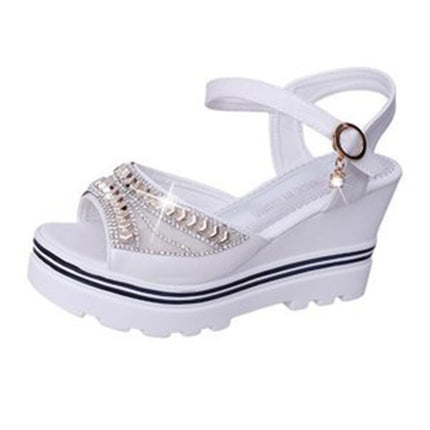 Word Buckle With Rhinestone Platform Sponge Sandals, Shoe Size:37(White)-garmade.com