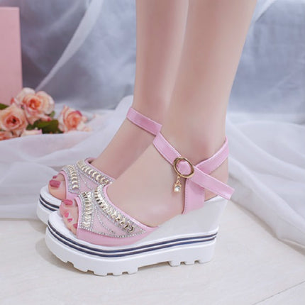 Word Buckle With Rhinestone Platform Sponge Sandals, Shoe Size:38(Pink)-garmade.com