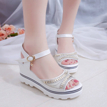 Word Buckle With Rhinestone Platform Sponge Sandals, Shoe Size:38(White)-garmade.com