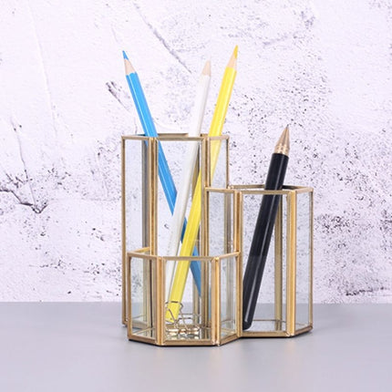Golden Creative Hexagonal Combination Glass Multifunctional Storage Pen Holder Cosmetic Bucket-garmade.com