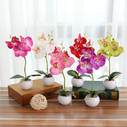 Decorative Landscaping Round Pot Three Flowers Phalaenopsis Bonsai Simulation Potted Plants(White)-garmade.com