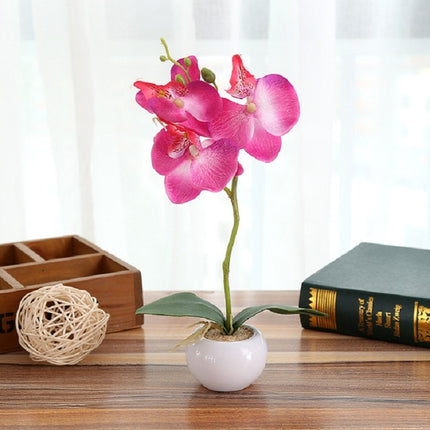 Decorative Landscaping Round Pot Three Flowers Phalaenopsis Bonsai Simulation Potted Plants(Rose Red)-garmade.com