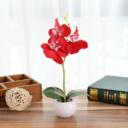 Decorative Landscaping Round Pot Three Flowers Phalaenopsis Bonsai Simulation Potted Plants(Red)-garmade.com