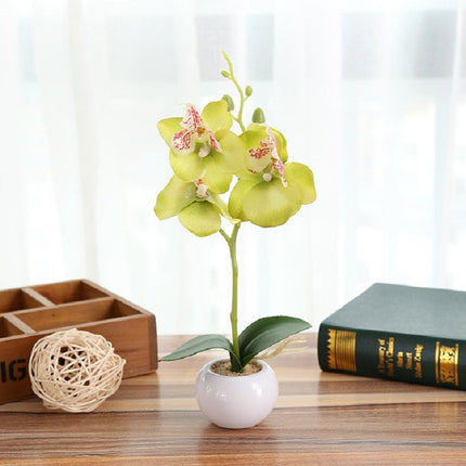 Decorative Landscaping Round Pot Three Flowers Phalaenopsis Bonsai Simulation Potted Plants(Green)-garmade.com