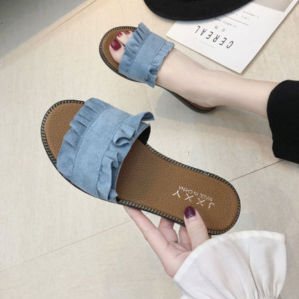 Lotus Leaf Edge Beach Flat Bottom Sandals Slippers, Size:35(Blue)-garmade.com