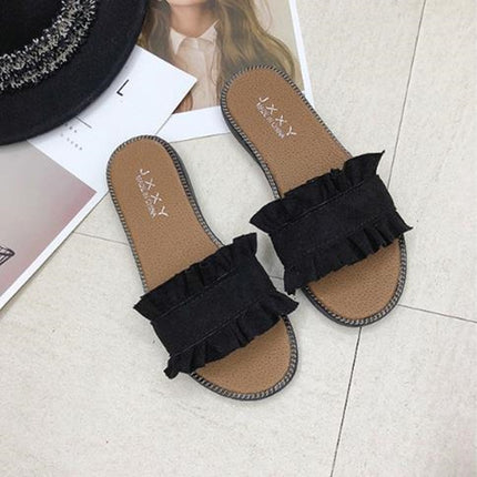 Lotus Leaf Edge Beach Flat Bottom Sandals Slippers, Size:38(Black)-garmade.com