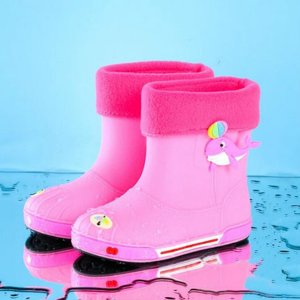 Children Non-Slip Plus Velvet Warm Cartoon Short Rain Boots, Size:Inner Length 15cm, Style:With Cotton Cover(Pink)-garmade.com