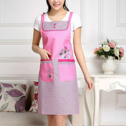 Home Adult Sleeveless Waterproof Grid Anti-oil Aprons with Double Pocket(Pink)-garmade.com