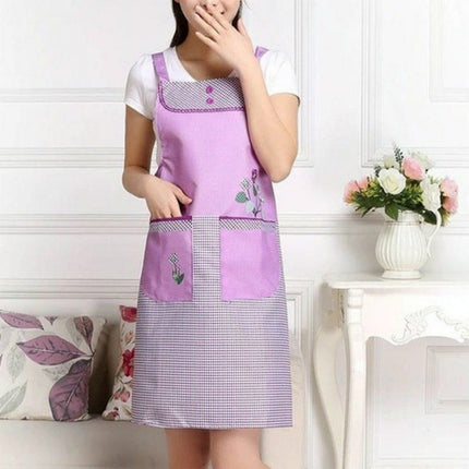 Home Adult Sleeveless Waterproof Grid Anti-oil Aprons with Double Pocket(Purple)-garmade.com
