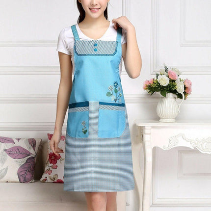 Home Adult Sleeveless Waterproof Grid Anti-oil Aprons with Double Pocket(Green)-garmade.com