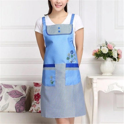 Home Adult Sleeveless Waterproof Grid Anti-oil Aprons with Double Pocket(Blue)-garmade.com