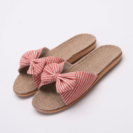 Women Open Toe Linen Striped Home Indoor Slippers, Size:35-36(Red)-garmade.com