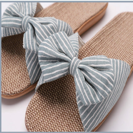 Women Open Toe Linen Striped Home Indoor Slippers, Size:35-36(Dark Blue)-garmade.com