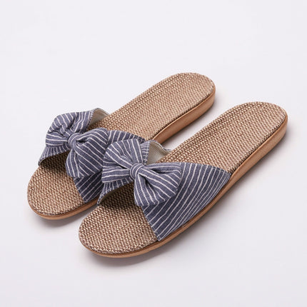 Women Open Toe Linen Striped Home Indoor Slippers, Size:37-38(Dark Blue)-garmade.com