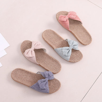 Women Open Toe Linen Striped Home Indoor Slippers, Size:37-38(Beige)-garmade.com