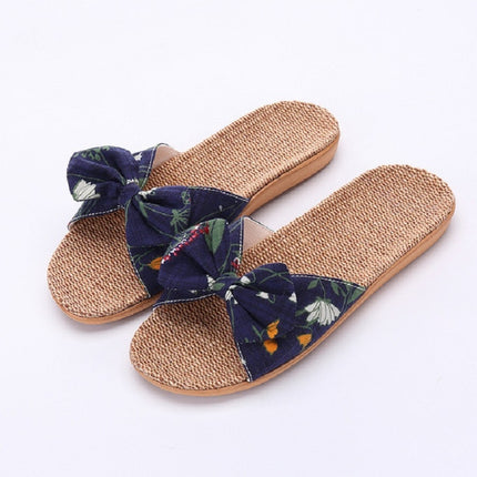 Women Open Toe Linen Striped Home Indoor Slippers, Size:37-38(Hole Blue)-garmade.com