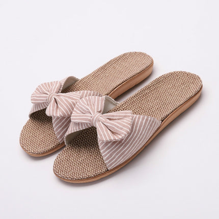 Women Open Toe Linen Striped Home Indoor Slippers, Size:39-40(Beige)-garmade.com