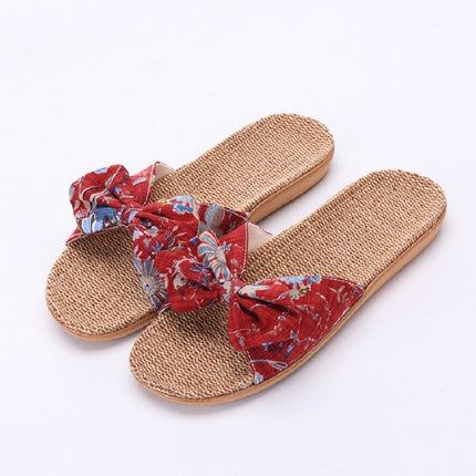 Women Open Toe Linen Striped Home Indoor Slippers, Size:39-40(Red Wine)-garmade.com