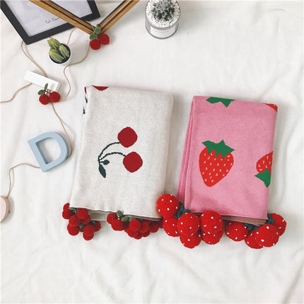 Children Strawberry Knitted Cotton Blanket Size: 100 x 130cm(White)-garmade.com